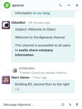 Screenshot of an internal communication chat interface with OdooBot and user messages for team collaboration