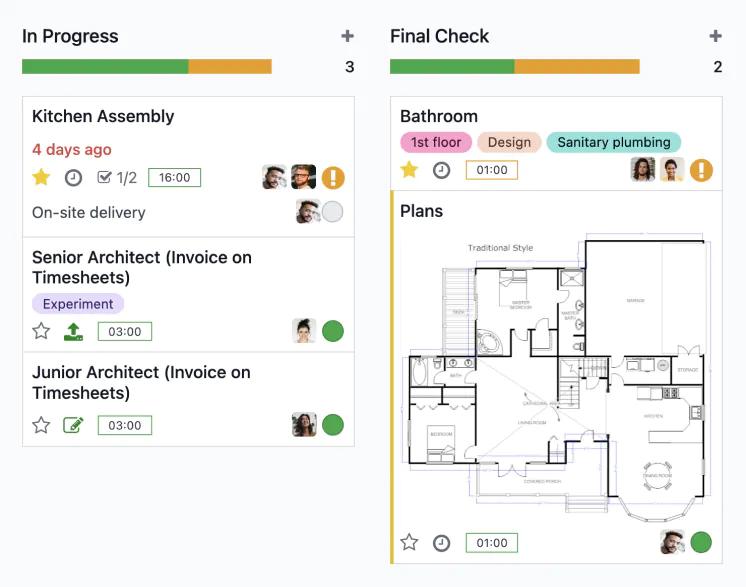 Project management Kanban board screenshot showing tasks for kitchen assembly, bathroom design, and architectural floor plans
