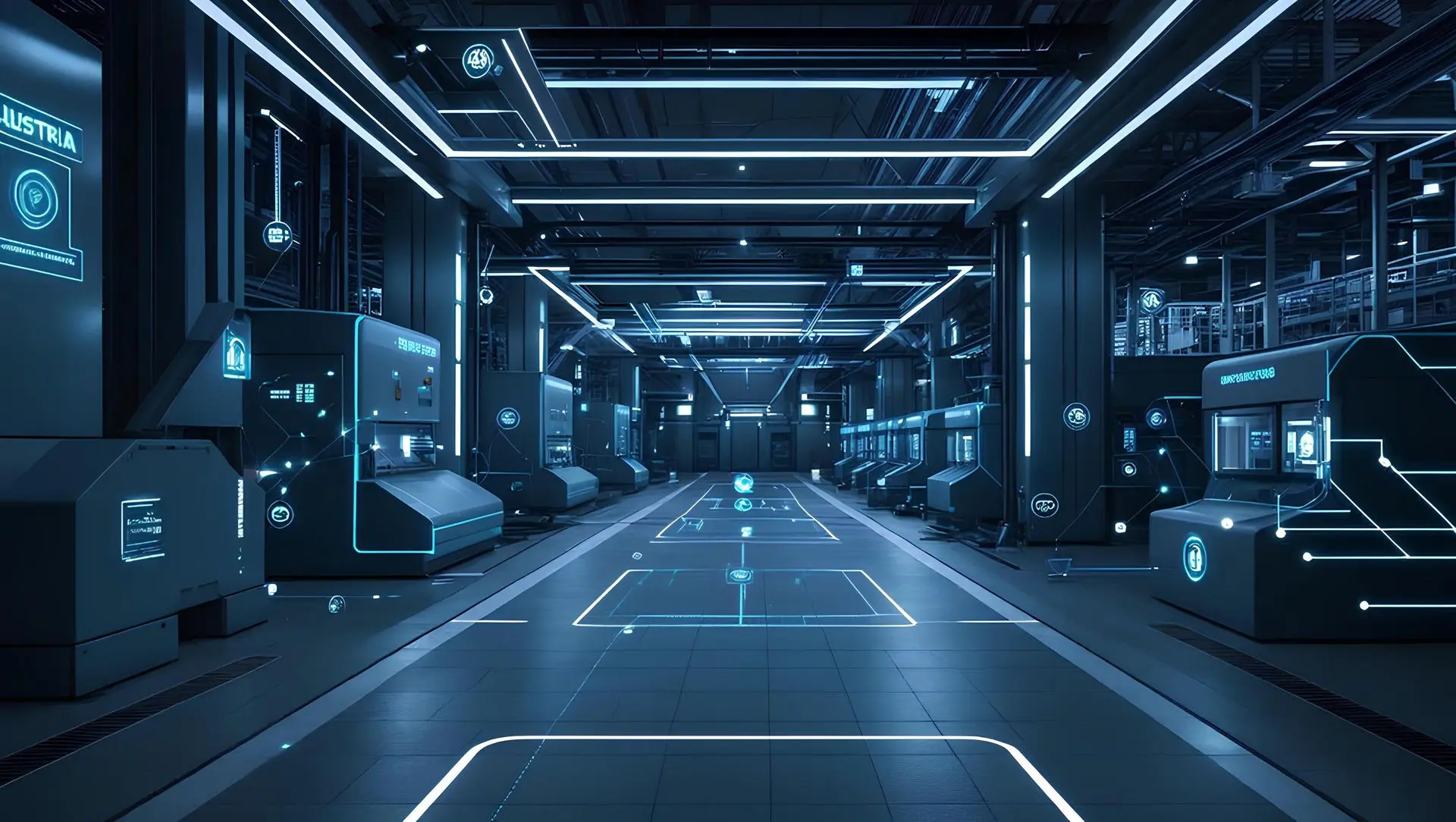 Futuristic smart factory floor with industrial automation machinery and glowing network lines, powered by INDUSTRIA