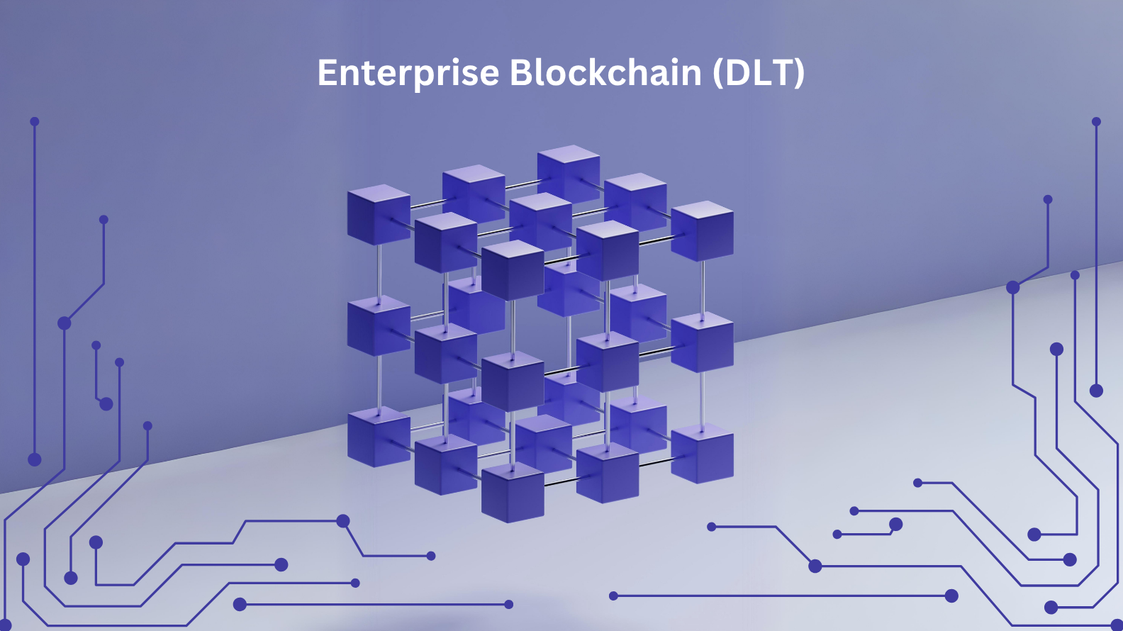 Enterprise Blockchain (DLT) solution graphic showing secure, distributed ledger network with connected data blocks