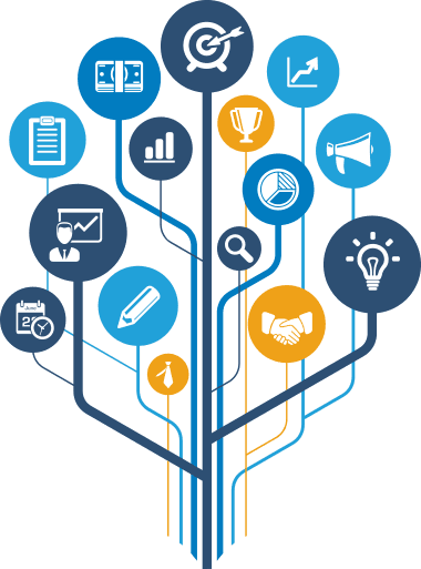 Integrated business strategy graphic showing network of goals, finance, analytics, marketing, and partnership icons