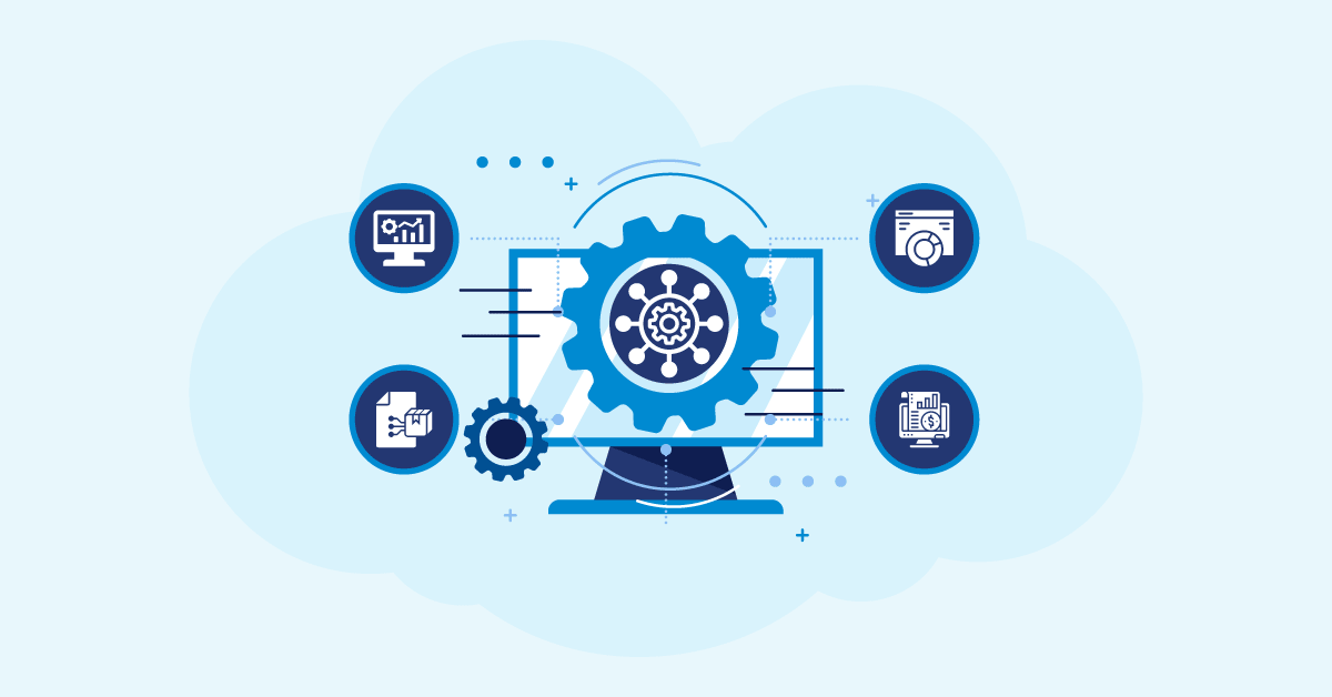 Business intelligence and data analytics solution graphic showing computer, gear, and performance reporting icons