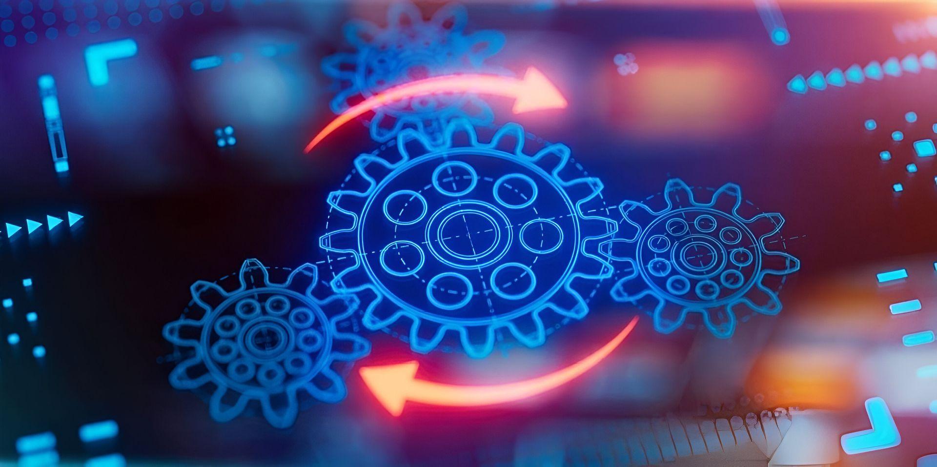 Digital workflow automation graphic with glowing blue gears and red circular process arrows