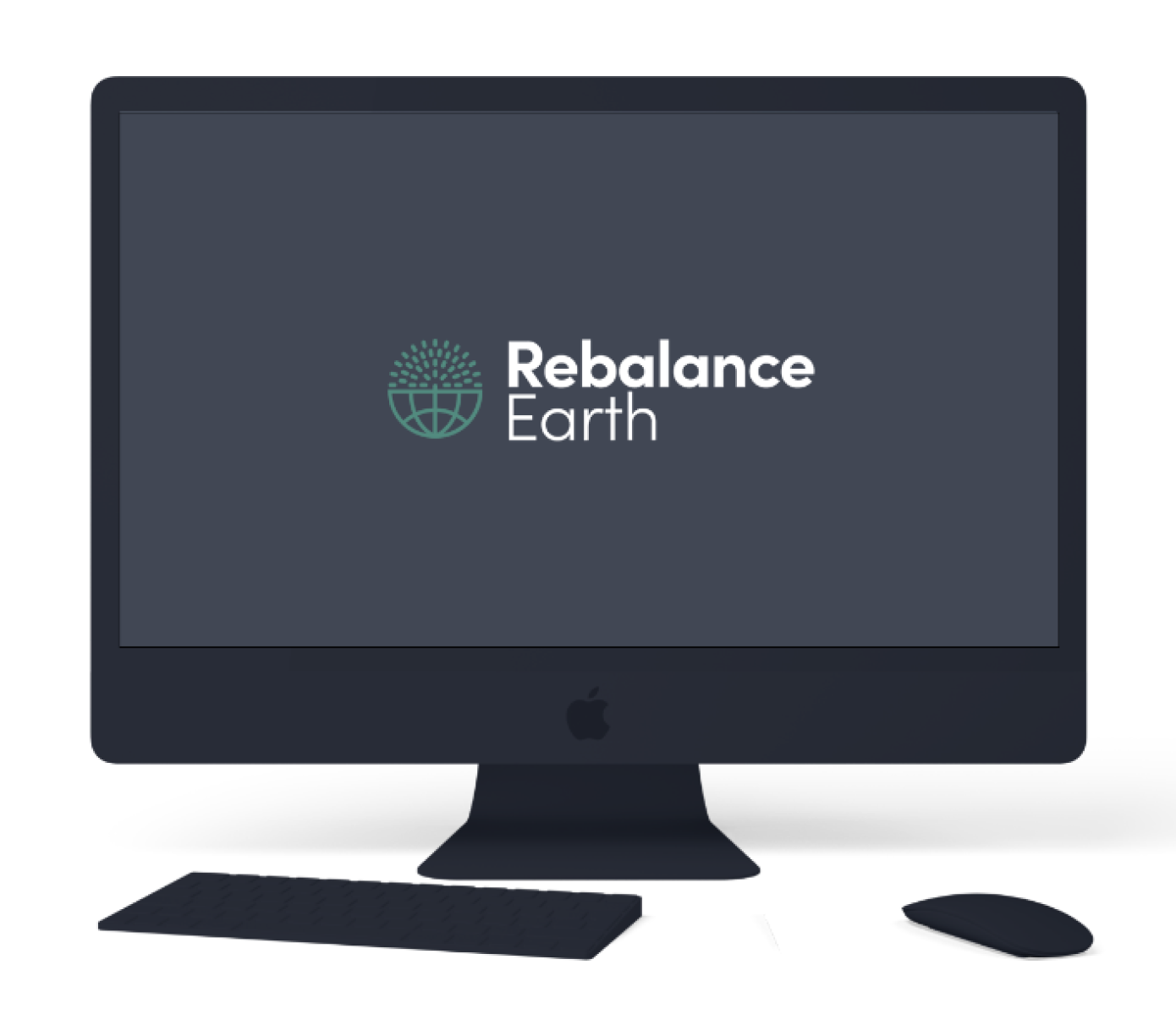 black computer monitor displaying the "Rebalance Earth" logo.