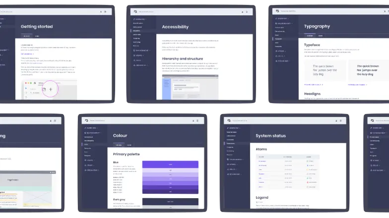 Collage of R5 Tooling Design System documentation pages showing Getting Started, Accessibility, Typography, Colour palette, and System status