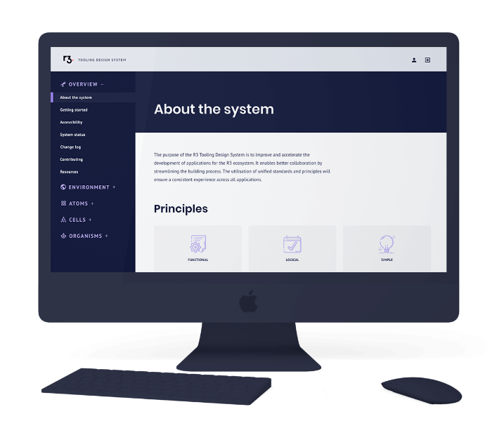 R3 Tooling Design System website on a desktop monitor showing the About the system page