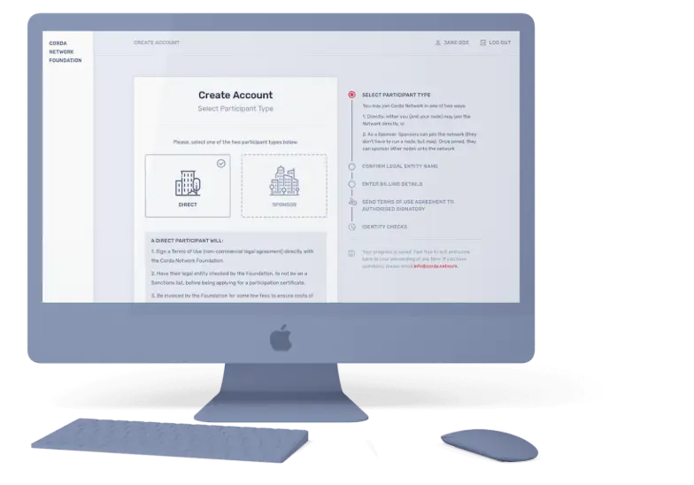 Corda Network Foundation Create Account screen on a monitor showing Direct and Sponsor participant types