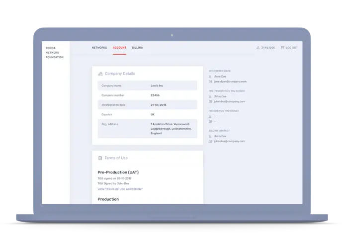 Screenshot of Corda Network Foundation Account dashboard showing Company Details for Lewis Inc.