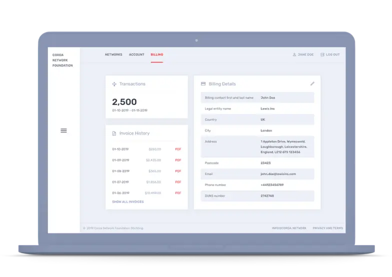 Screenshot of Corda Network Foundation Billing dashboard showing transaction history and billing details for Lewis Ins.