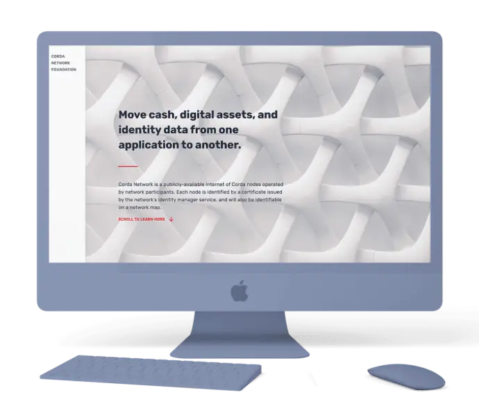 Corda Network Foundation website displayed on a monitor promoting moving cash and digital assets between applications