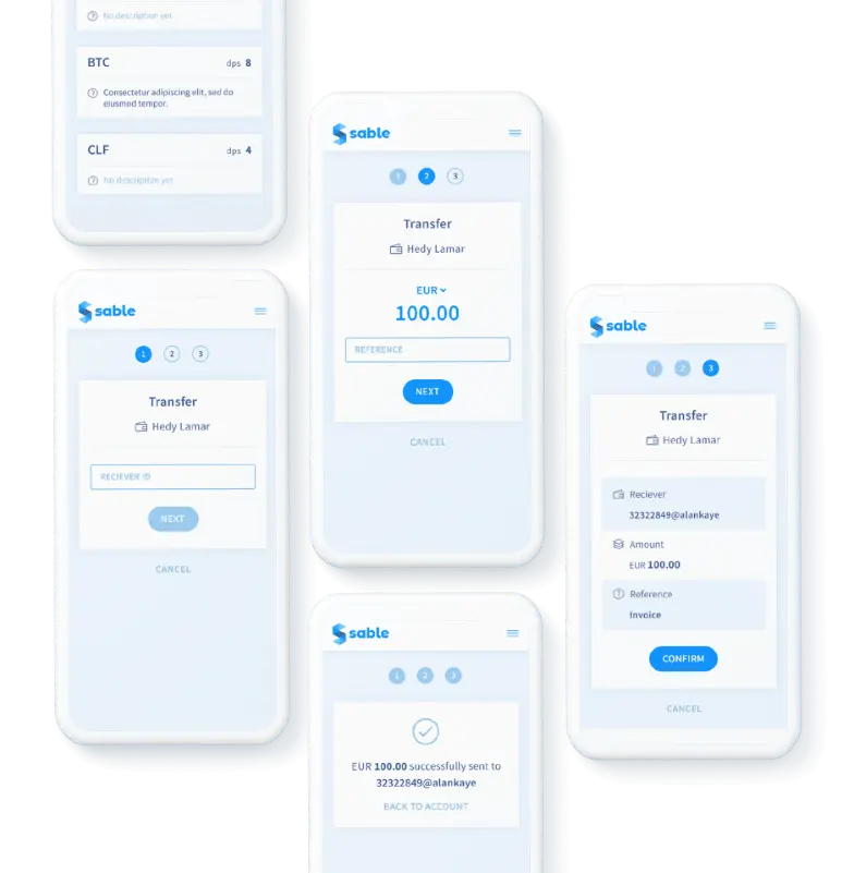 Sable mobile app transfer workflow showing the steps for sending EUR 100.00 to a recipient