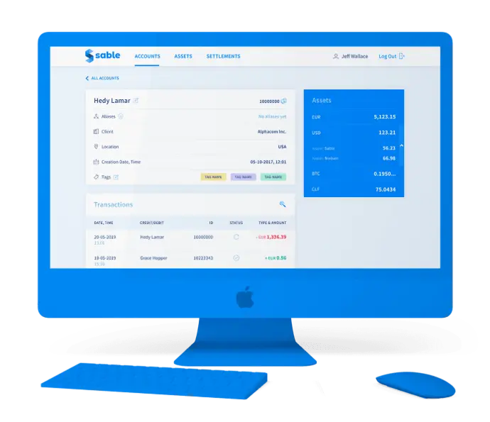Sable platform Accounts dashboard on a monitor showing user Hedy Lamar details, recent transactions, and digital asset balances
