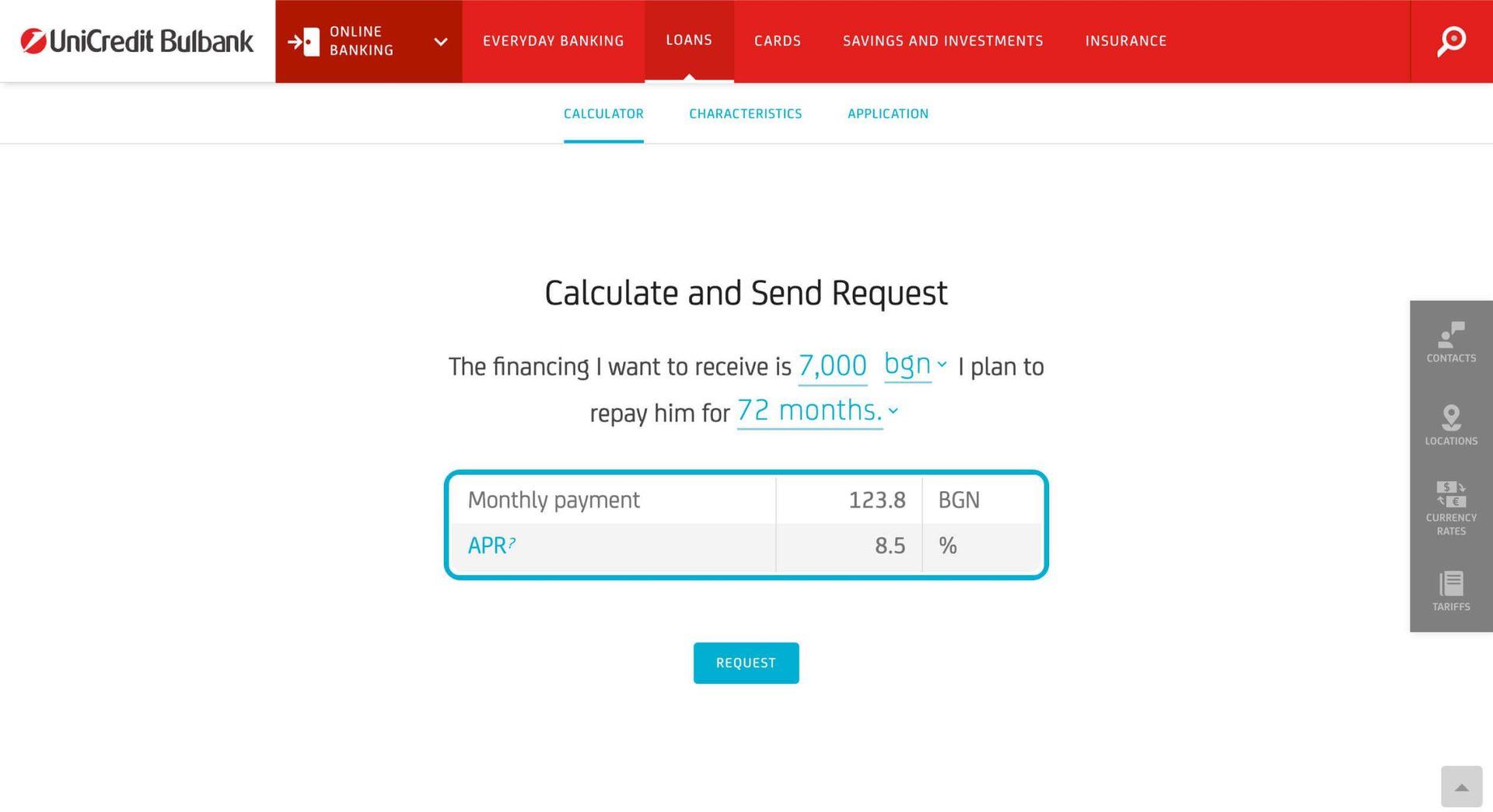 Screenshot of the UniCredit Bulbank Loan Calculator showing a financing calculation for a 7,000 BGN loan over 72 months, resulting in an estimated monthly payment of 123.8 BGN and an APR of 8.5%.