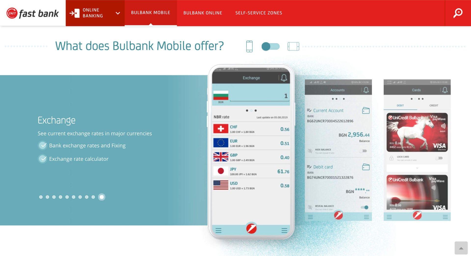 Graphic promoting the Bulbank Mobile app, showcasing features like real-time currency exchange rates for BGN, CHF, EUR, GBP, JPY, and USD, along with screenshots of the mobile interface showing account balances and debit cards.