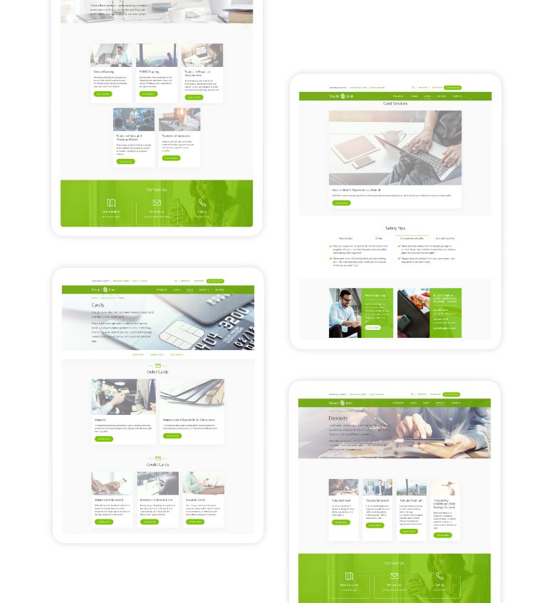 Collage of four Tokuda Bank website screenshots, showing pages for Debit Cards and Credit Cards, Card Services with safety tips, and other financial services, all featuring a consistent green and white design.