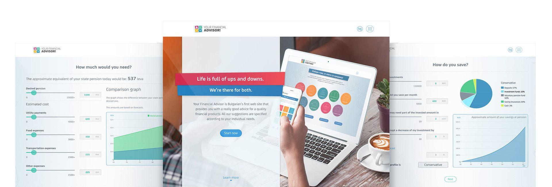 Your Financial Advisor app website mockup showing financial planning, savings calculation, and expense breakdown screens