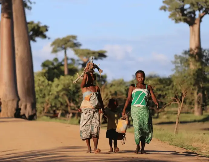 Local women and a child walking on a dirt road lined by towering Baobab trees in Madagascar, a visual representing a community where E.ON or related energy/development projects may be active.