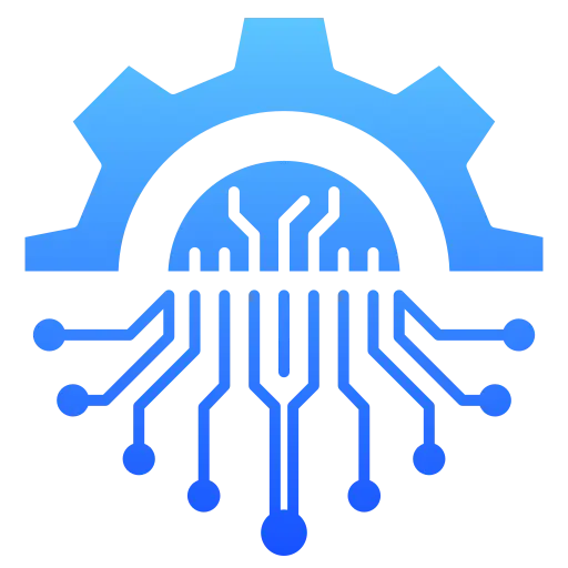 Digital transformation icon showing industrial gear integrated with circuit board and technology lines