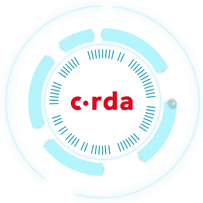 Corda DLT platform logo within an abstract circular data processing graphic