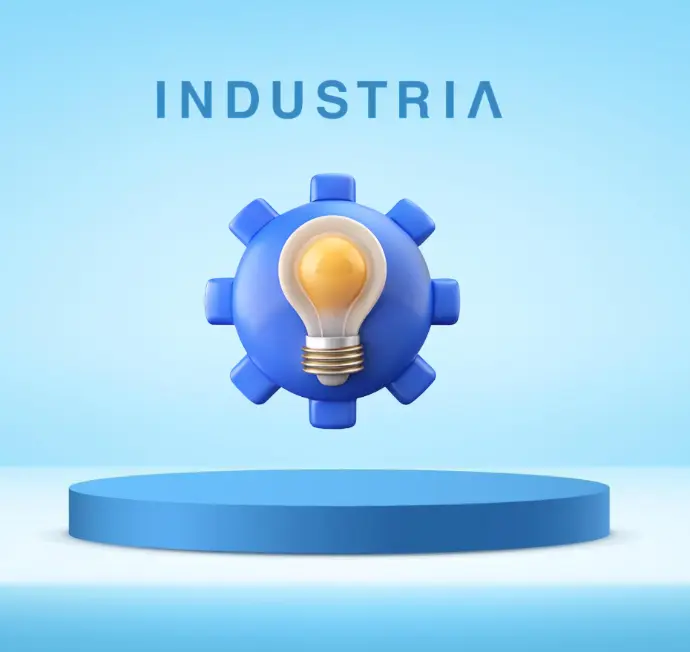 3D "INDUSTRIA" logo featuring a lightbulb inside a blue gear on a pedestal.